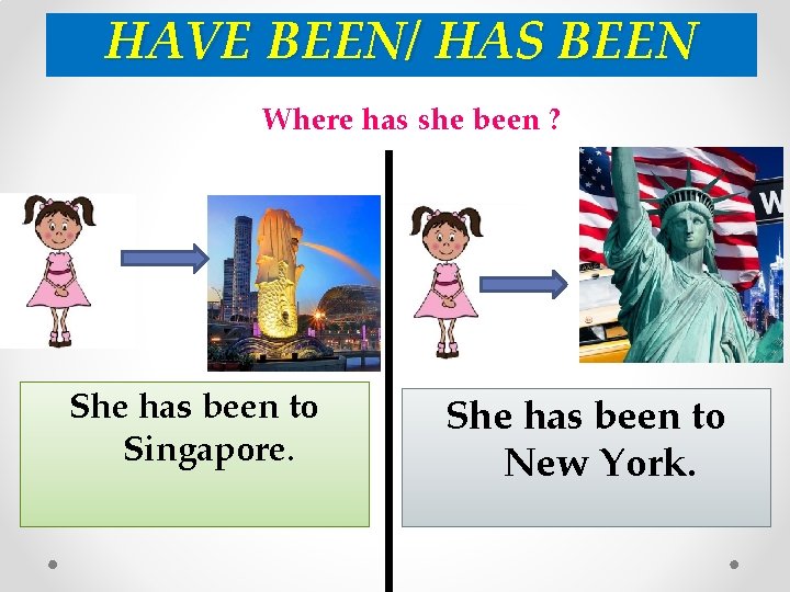 HAVE BEEN/ HAS BEEN Where has she been ? She has been to Singapore.