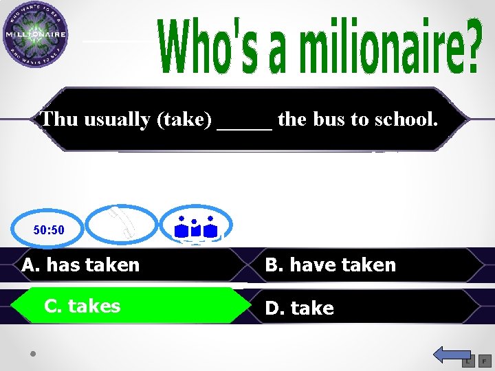 Thu usually (take) _____ the bus to school. 50: 50 A. has taken takes