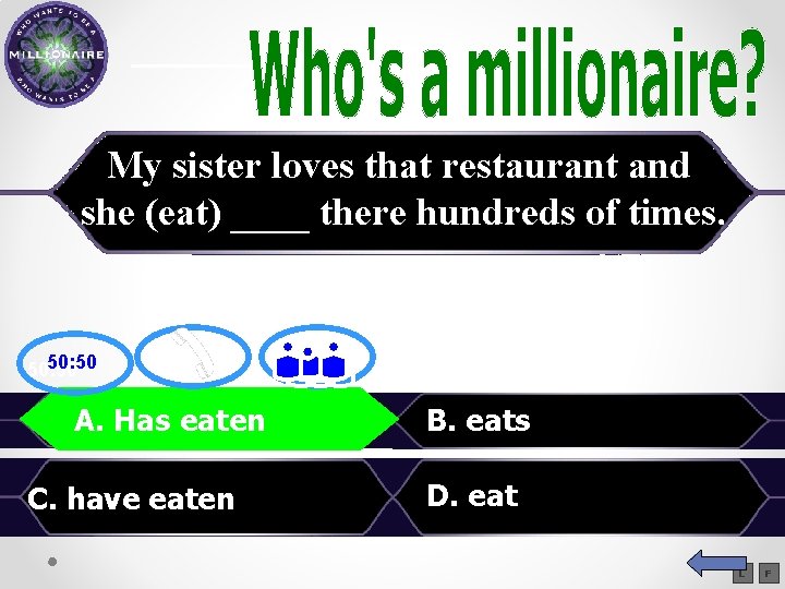 My sister loves that restaurant and she (eat) ____ there hundreds of times. 50: