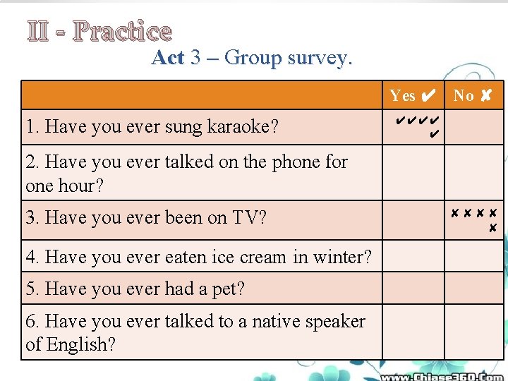 II - Practice Act 3 – Group survey. Yes ✔ No ✘ 1. Have