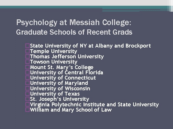 Psychology at Messiah College: Graduate Schools of Recent Grads �State University of NY at