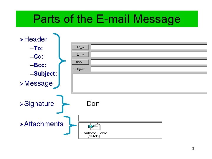 Parts of the E-mail Message ØHeader –To: –Cc: –Bcc: –Subject: ØMessage ØSignature Don ØAttachments