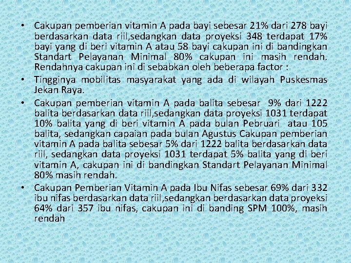  • Cakupan pemberian vitamin A pada bayi sebesar 21% dari 278 bayi berdasarkan