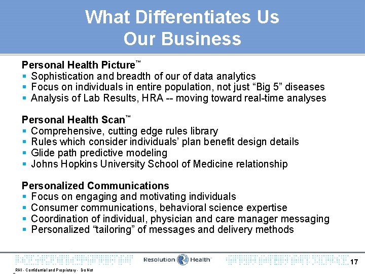 What Differentiates Us Our Business Personal Health Picture™ § Sophistication and breadth of our