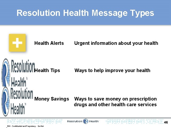 Resolution Health Message Types Health Alerts Urgent information about your health Health Tips Ways
