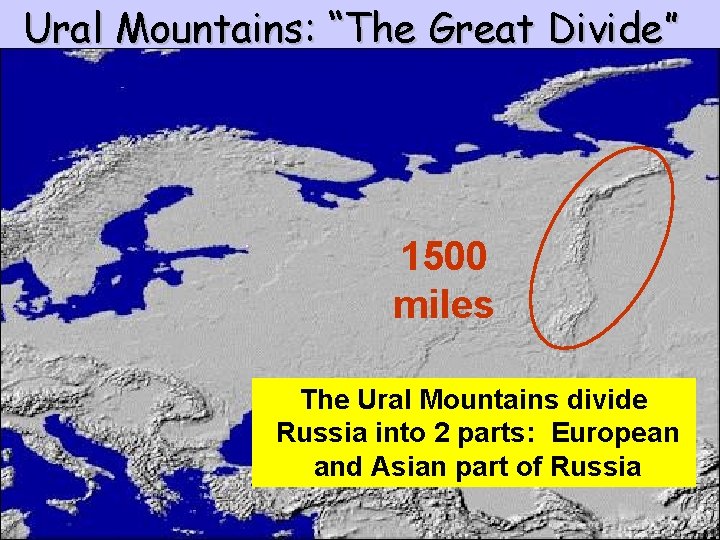 Ural Mountains: “The Great Divide” 1500 miles The Ural Mountains divide Russia into 2