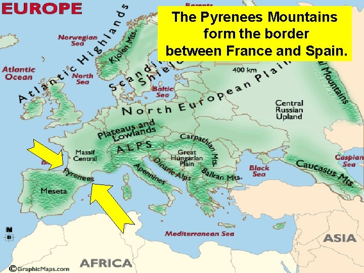 The Pyrenees Mountains form the border between France and Spain. 