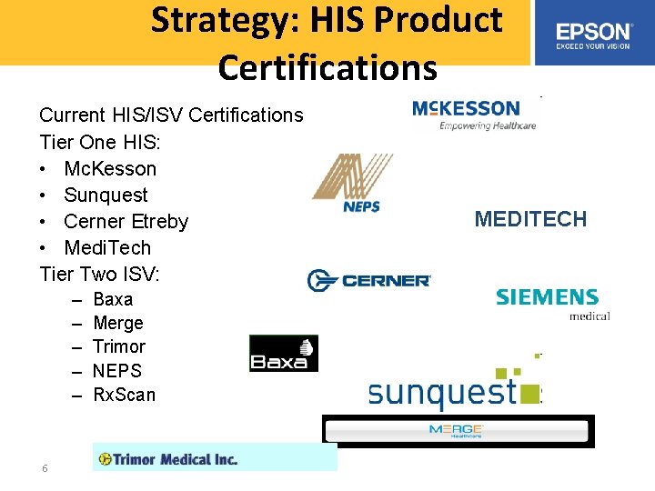 Strategy: HIS Product Certifications Current HIS/ISV Certifications Tier One HIS: • Mc. Kesson •