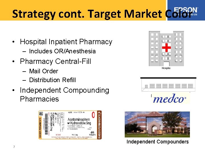 Strategy cont. Target Market Color • Hospital Inpatient Pharmacy – Includes OR/Anesthesia • Pharmacy