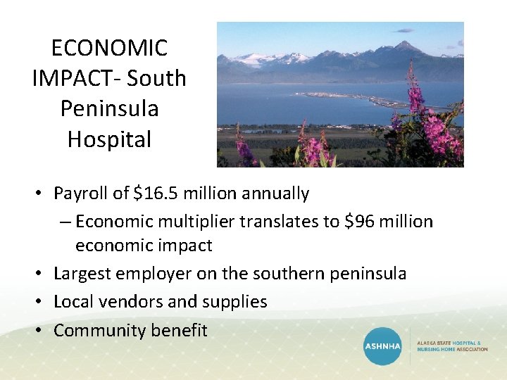 ECONOMIC IMPACT- South Peninsula Hospital • Payroll of $16. 5 million annually – Economic ECONOMIC IMPACT- South Peninsula Hospital • Payroll of $16. 5 million annually – Economic