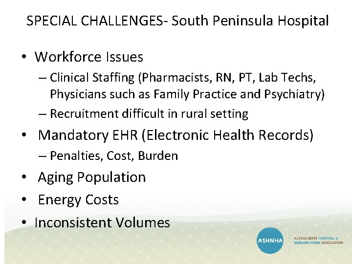 SPECIAL CHALLENGES- South Peninsula Hospital • Workforce Issues – Clinical Staffing (Pharmacists, RN, PT, SPECIAL CHALLENGES- South Peninsula Hospital • Workforce Issues – Clinical Staffing (Pharmacists, RN, PT,
