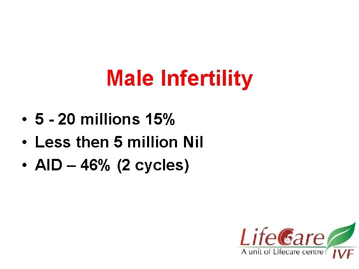 Male Infertility • 5 - 20 millions 15% • Less then 5 million Nil