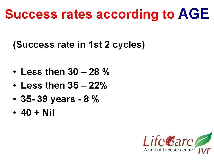 Success rates according to AGE (Success rate in 1 st 2 cycles) • •