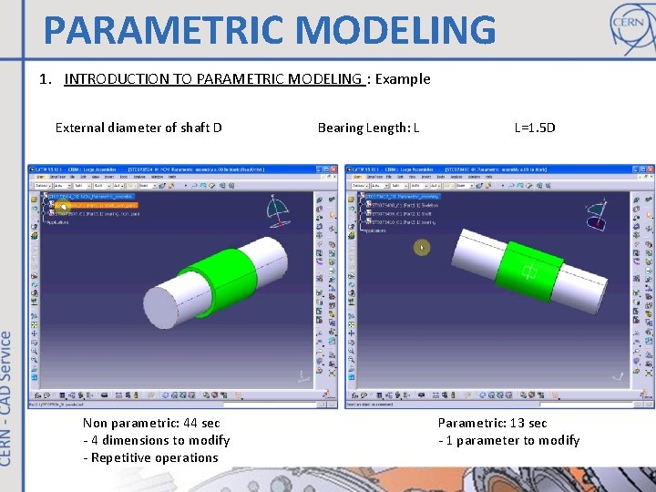 PARAMETRIC MODELING 1. INTRODUCTION TO PARAMETRIC MODELING : Example External diameter of shaft D