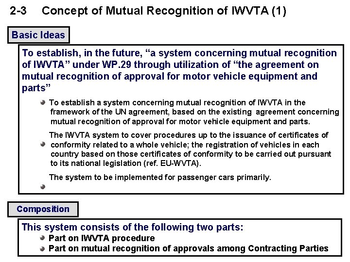 2 -3　 Concept of Mutual Recognition of IWVTA (1) Basic Ideas To establish, in