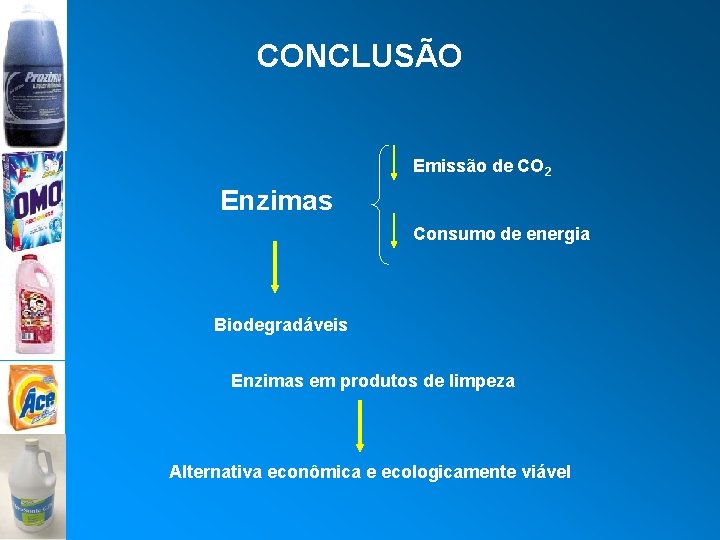 CONCLUSÃO Emissão de CO 2 Enzimas Consumo de energia Biodegradáveis Enzimas em produtos de
