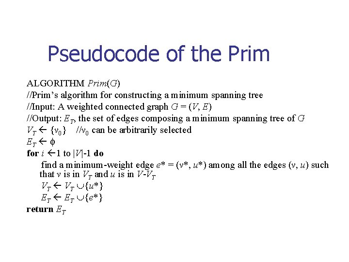 Pseudocode of the Prim ALGORITHM Prim(G) //Prim’s algorithm for constructing a minimum spanning tree