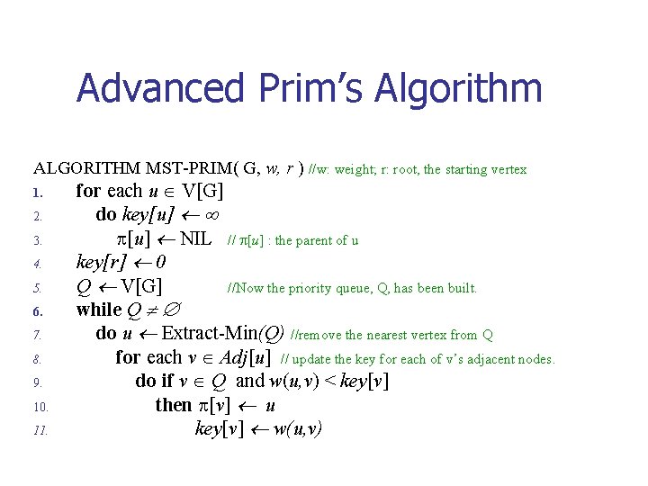 Advanced Prim’s Algorithm ALGORITHM MST-PRIM( G, w, r ) //w: weight; r: root, the