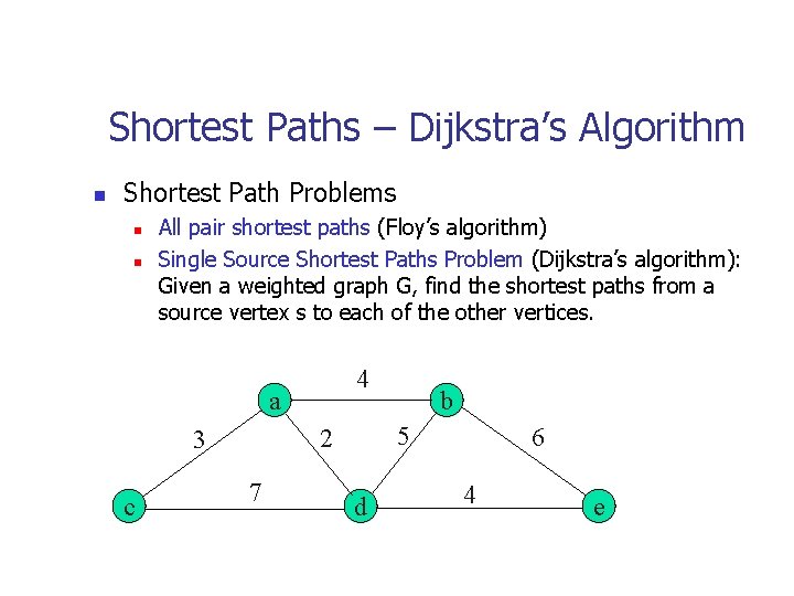 Shortest Paths – Dijkstra’s Algorithm n Shortest Path Problems n n All pair shortest