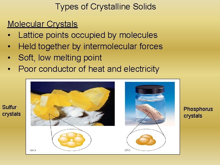 Types of Crystalline Solids Molecular Crystals • Lattice points occupied by molecules • Held