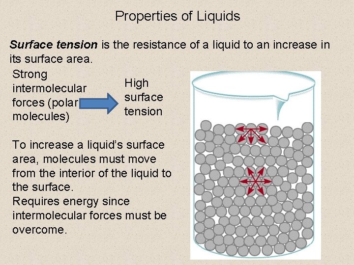 Properties of Liquids Surface tension is the resistance of a liquid to an increase