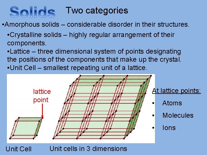 Two categories • Amorphous solids – considerable disorder in their structures. • Crystalline solids
