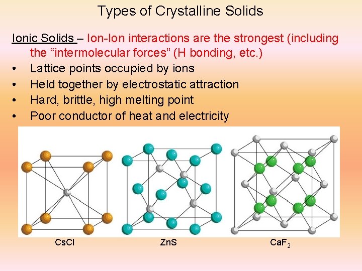 Types of Crystalline Solids Ionic Solids – Ion-Ion interactions are the strongest (including the