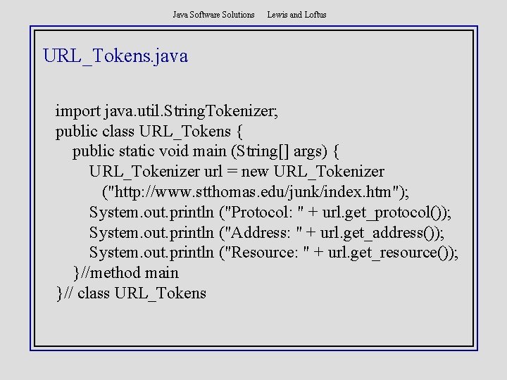 Java Software Solutions Lewis and Loftus URL_Tokens. java import java. util. String. Tokenizer; public
