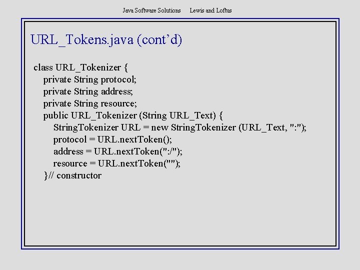 Java Software Solutions Lewis and Loftus URL_Tokens. java (cont’d) class URL_Tokenizer { private String