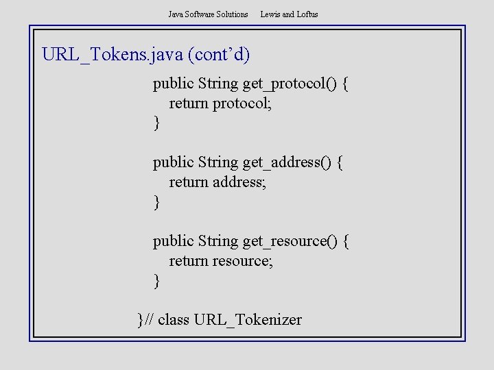 Java Software Solutions Lewis and Loftus URL_Tokens. java (cont’d) public String get_protocol() { return