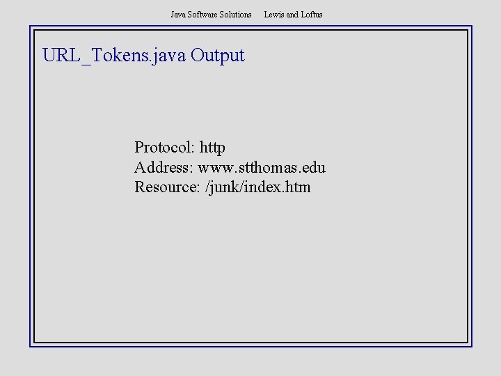 Java Software Solutions Lewis and Loftus URL_Tokens. java Output Protocol: http Address: www. stthomas.