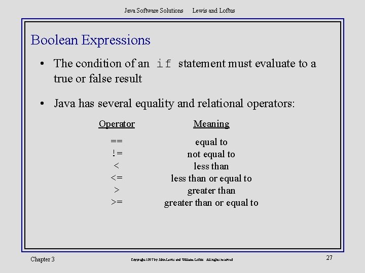Java Software Solutions Lewis and Loftus Boolean Expressions • The condition of an if