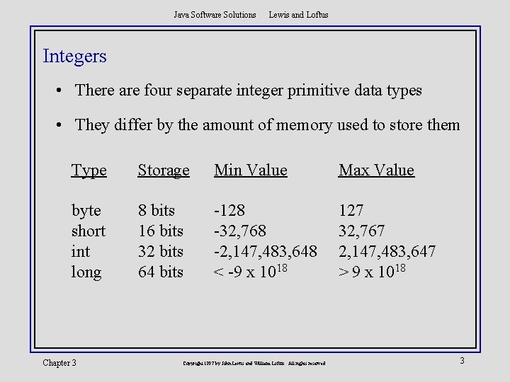Java Software Solutions Lewis and Loftus Integers • There are four separate integer primitive