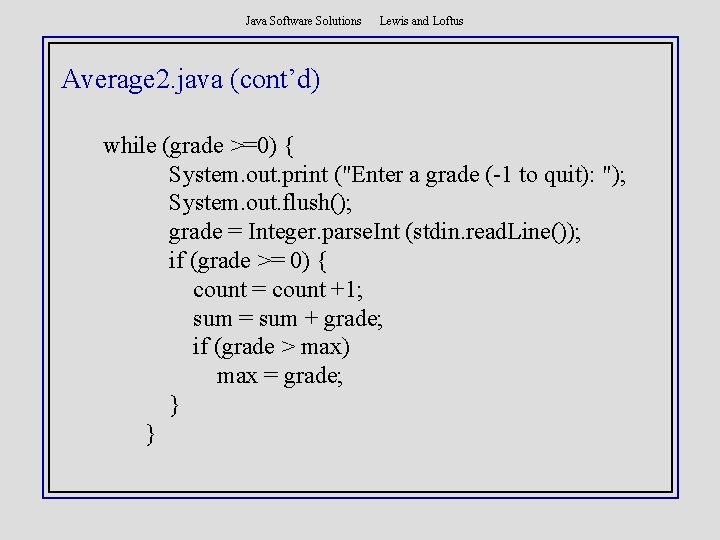 Java Software Solutions Lewis and Loftus Average 2. java (cont’d) while (grade >=0) {