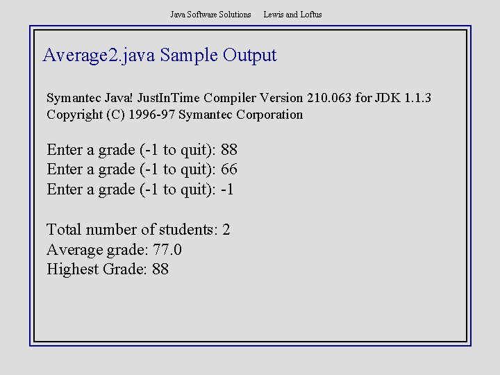 Java Software Solutions Lewis and Loftus Average 2. java Sample Output Symantec Java! Just.