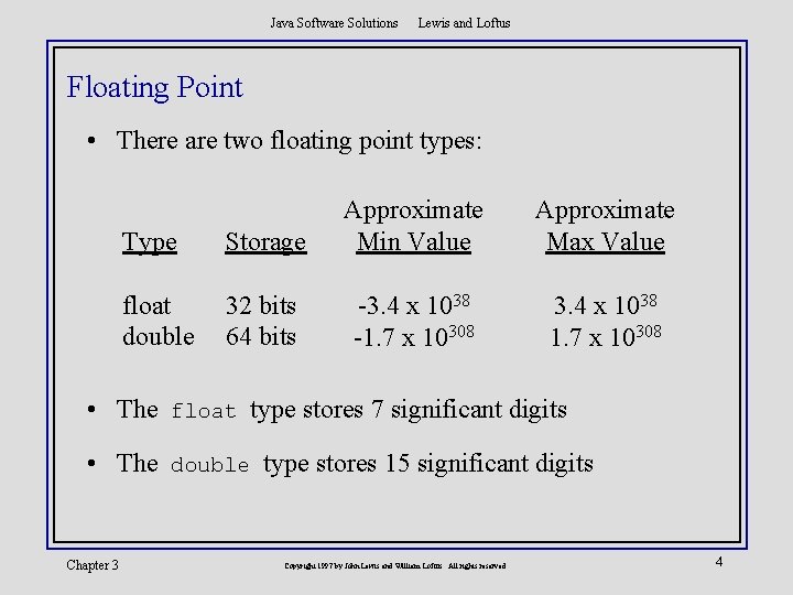 Java Software Solutions Lewis and Loftus Floating Point • There are two floating point