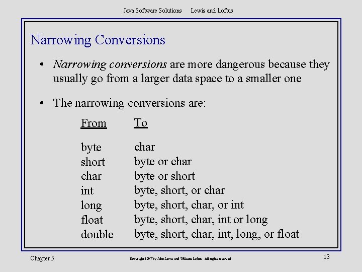 Java Software Solutions Lewis and Loftus Narrowing Conversions • Narrowing conversions are more dangerous