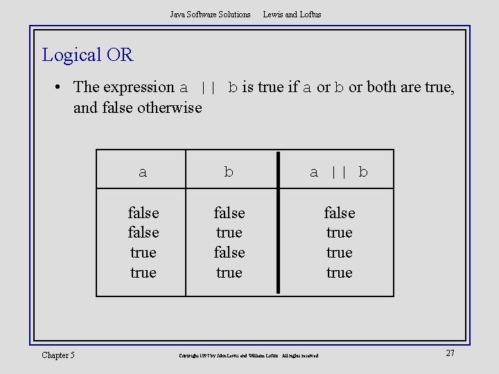 Java Software Solutions Lewis and Loftus Logical OR • The expression a || b