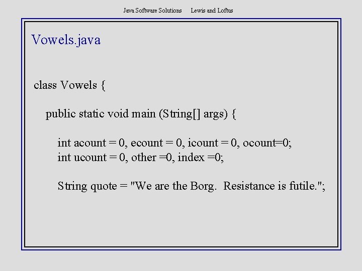 Java Software Solutions Lewis and Loftus Vowels. java class Vowels { public static void