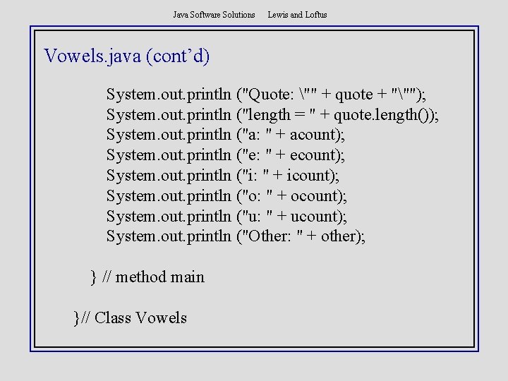 Java Software Solutions Lewis and Loftus Vowels. java (cont’d) System. out. println ("Quote: ""