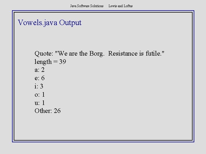 Java Software Solutions Lewis and Loftus Vowels. java Output Quote: "We are the Borg.