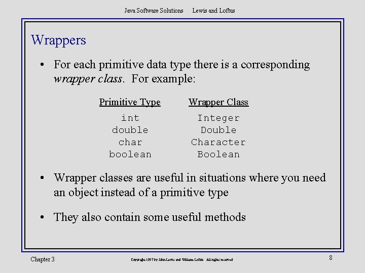 Java Software Solutions Lewis and Loftus Wrappers • For each primitive data type there