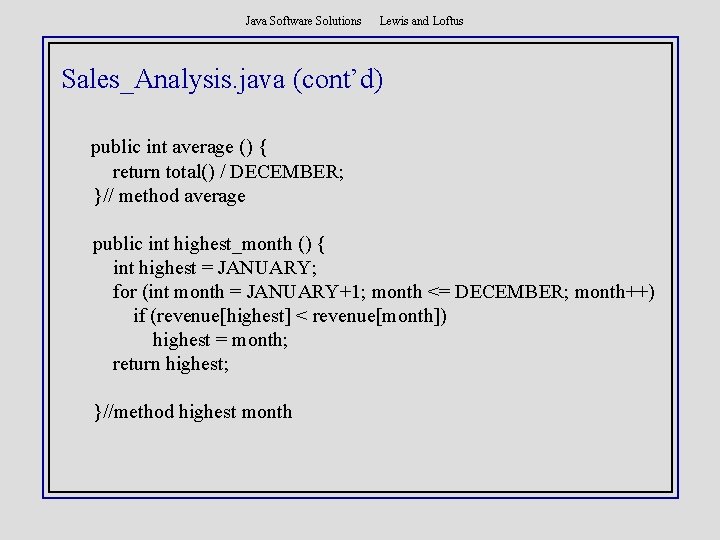 Java Software Solutions Lewis and Loftus Sales_Analysis. java (cont’d) public int average () {