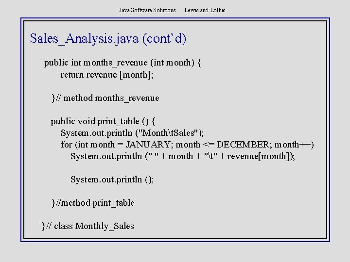 Java Software Solutions Lewis and Loftus Sales_Analysis. java (cont’d) public int months_revenue (int month)