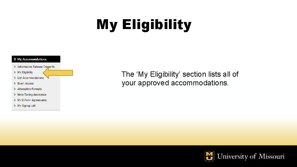 My Eligibility The ‘My Eligibility’ section lists all of your approved accommodations. 