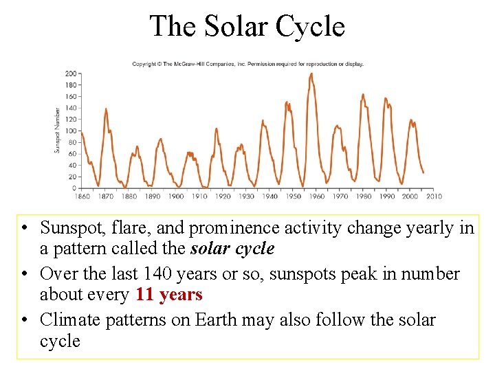 The Solar Cycle • Sunspot, flare, and prominence activity change yearly in a pattern