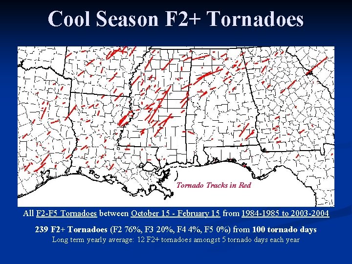 Cool Season F 2+ Tornadoes Tornado Tracks in Red All F 2 -F 5