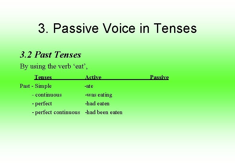 3. Passive Voice in Tenses 3. 2 Past Tenses By using the verb ‘eat’,