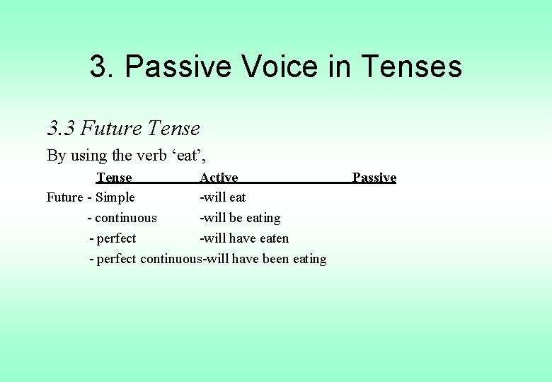 3. Passive Voice in Tenses 3. 3 Future Tense By using the verb ‘eat’,
