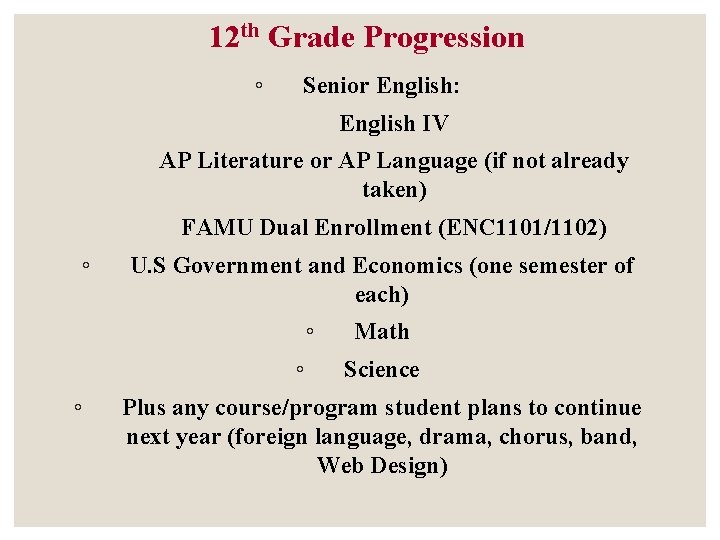 12 th Grade Progression ◦ Senior English: English IV AP Literature or AP Language 12 th Grade Progression ◦ Senior English: English IV AP Literature or AP Language